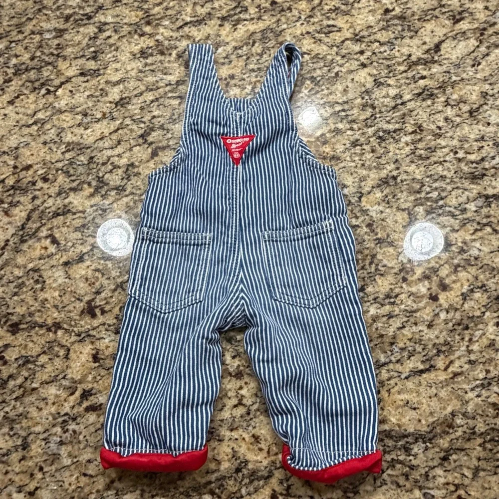 OshKosh Bgosh Baby Boys Blue White Hickory Stripe Red Lined Overalls 6M v